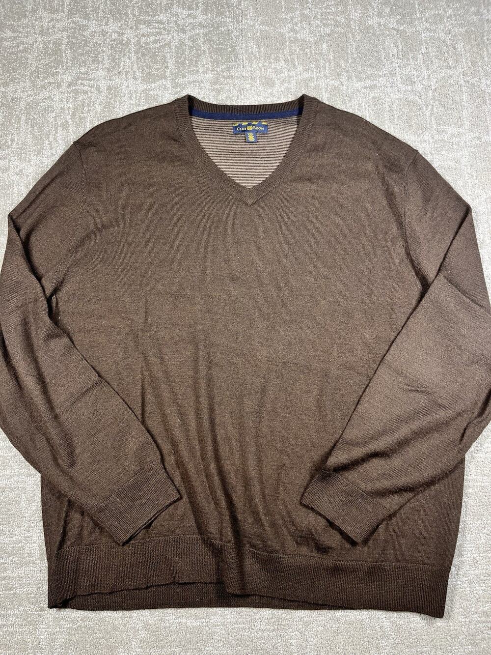 Club Room Merino Wool Blend Brown V-Neck Men's Sweater Size XXL